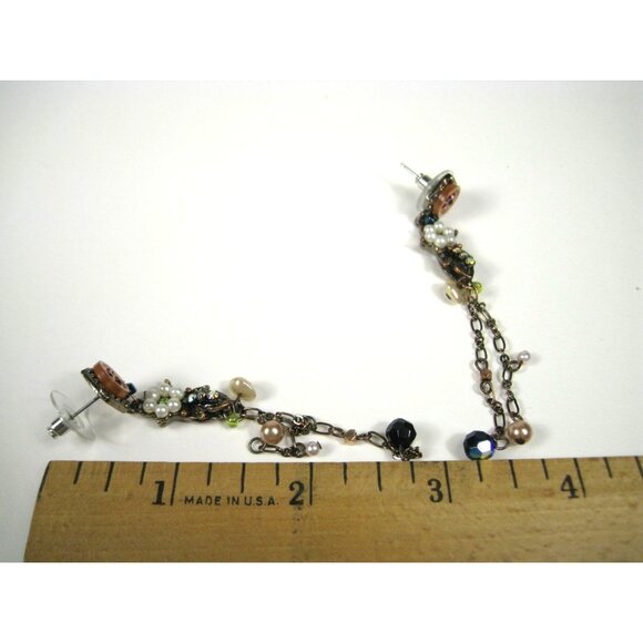 Vintage STYLE Long Dangle Earrings Imitation Pearls Rhinestones Chain Floral - Picture 3 of 7